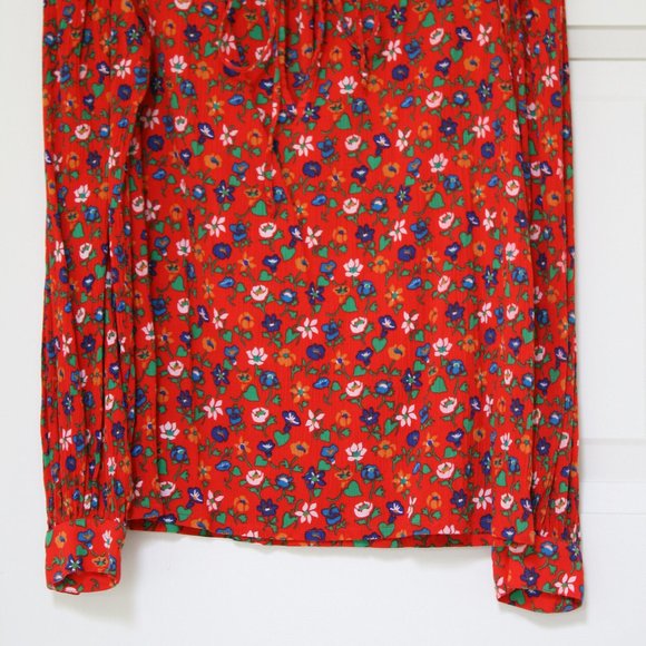 Yves St Laurent YSL Cotton Crepe (red) Calico Peasant Blouse - Picture 2 of 7